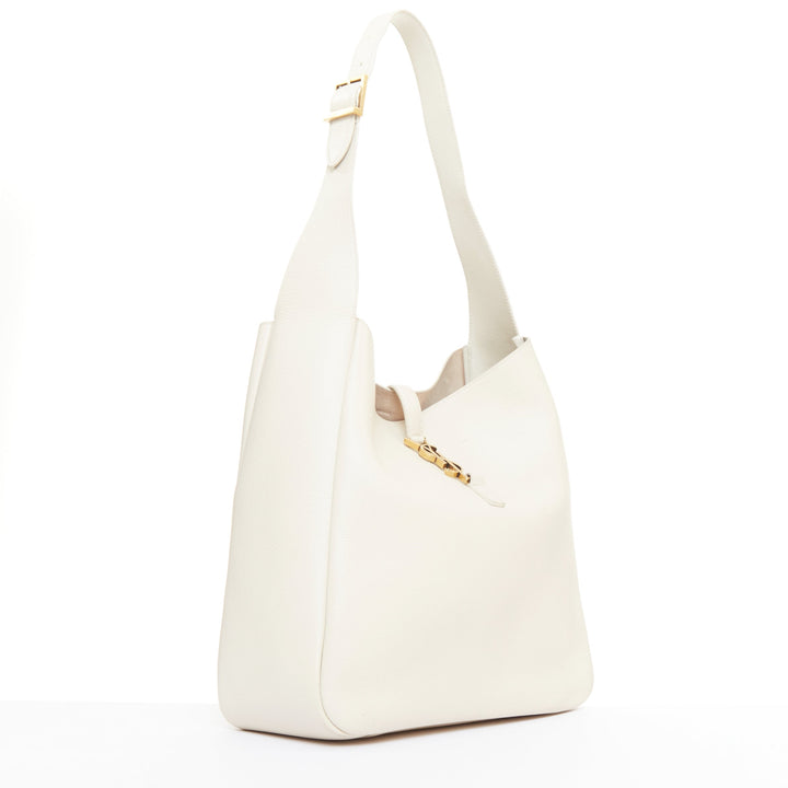 SAINT LAURENT 2024 Le 5 a 7 off white calfskin YSL logo Large hobo tote bag