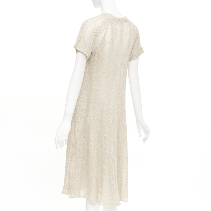 CHANEL cream beige alpaca blend textured knit CC short sleeve midi dress FR38 M