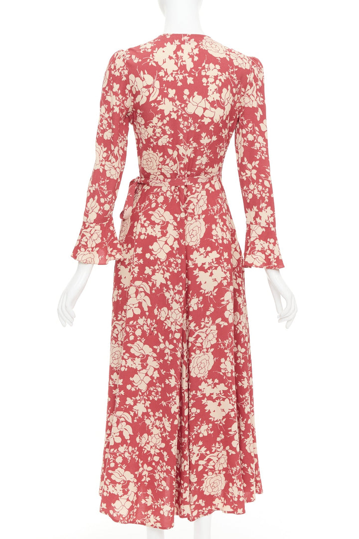 POLO RALPH LAUREN red beige floral print flare sleeve wrap dress US2 S