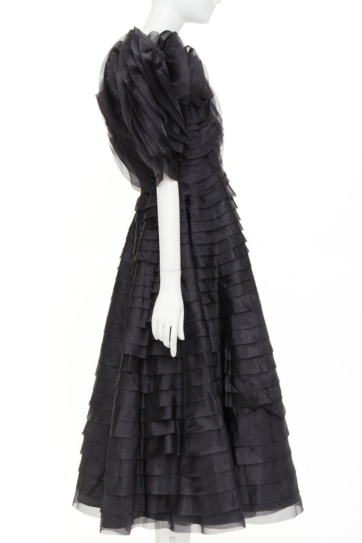 AJE Amour Ruffle Dress dramatic round sleeves rosette tiered midi gown UK8 S