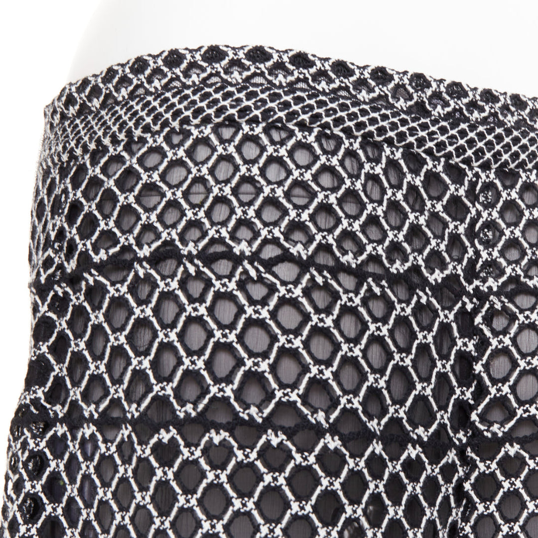 CHANEL black white geometric honeycomb guipure crochet knit wide pants FR42 XL