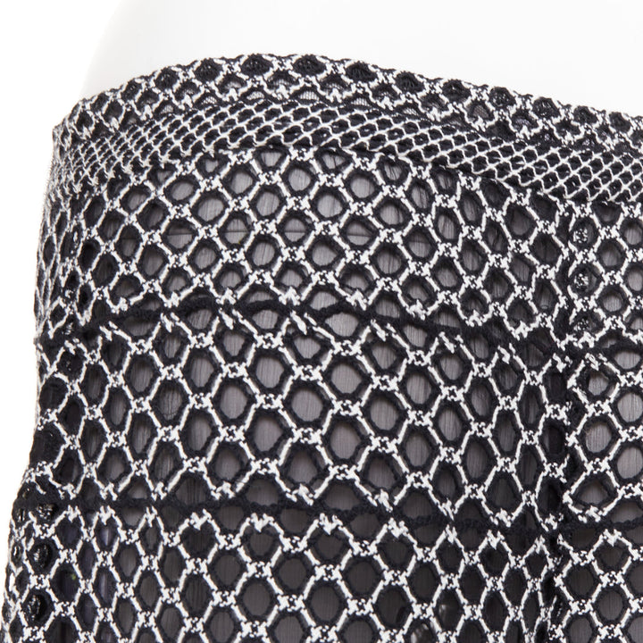 CHANEL black white geometric honeycomb guipure crochet knit wide pants FR42 XL