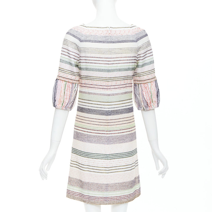 CHANEL 07A Runway white multicolor tweed chain trimmed sleeve dress FR36 S