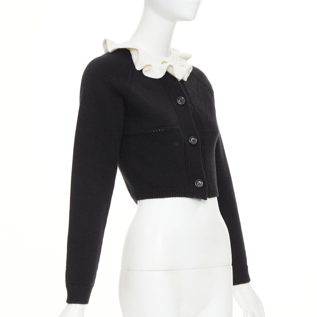 LOUIS VUITTON 2026 black cream wool blend ruffle collar gold button cardigan XXS