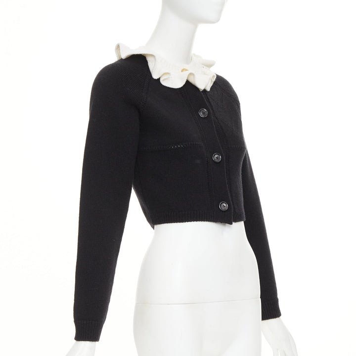 LOUIS VUITTON 2026 black cream wool blend ruffle collar gold button cardigan XXS