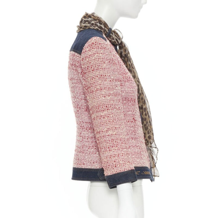 vintage DOLCE GABBANA pink tweed denim trimmed leopard scarf jacket IT42