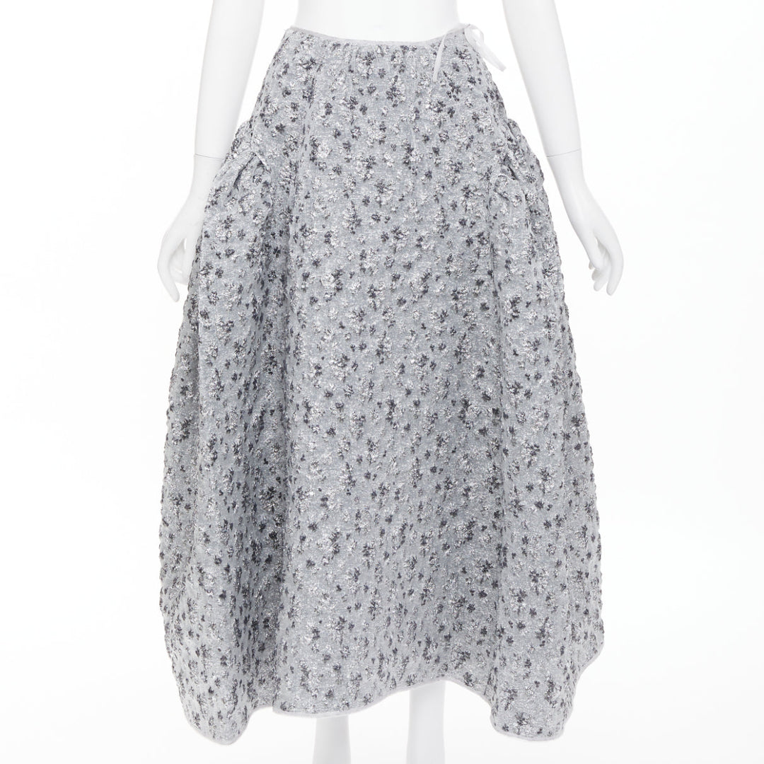 CECILIE BAHNSEN 2021 silver metallic cloque overlay flared midi skirt UK6 XS