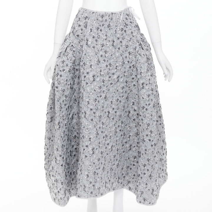 CECILIE BAHNSEN 2021 silver metallic cloque overlay flared midi skirt UK6 XS