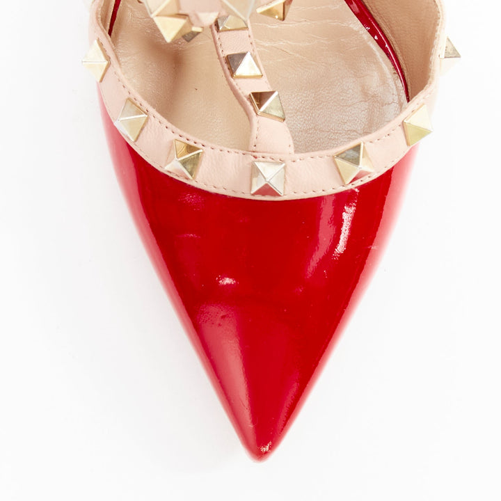 VALENTINO Rockstud red patent caged nude leather strappy heels EU38