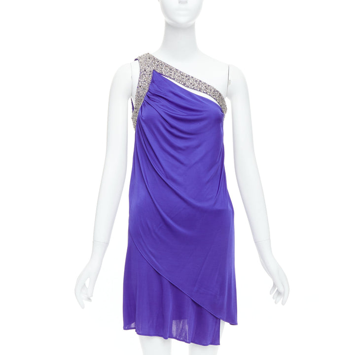 EMILIO PUCCI purple silver beaded neck one shoulder tiered dress IT38 XS