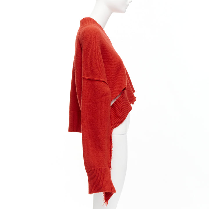 OLD CELINE Phoebe Philo red 100% wool distressed cut out cropped sweater M