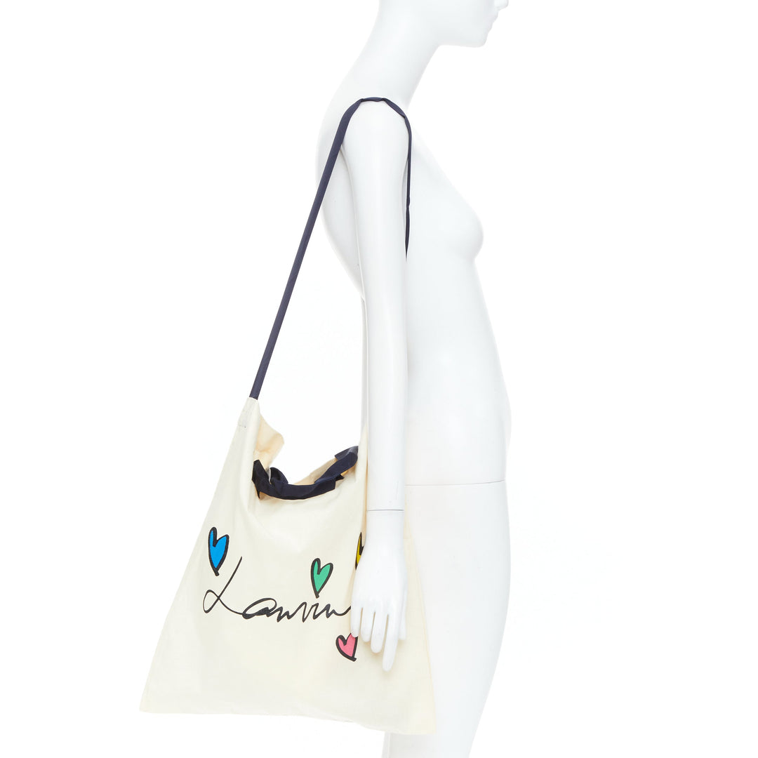 LANVIN Hearts script logo printed cotton canvas grosgrain crossbody tote bag