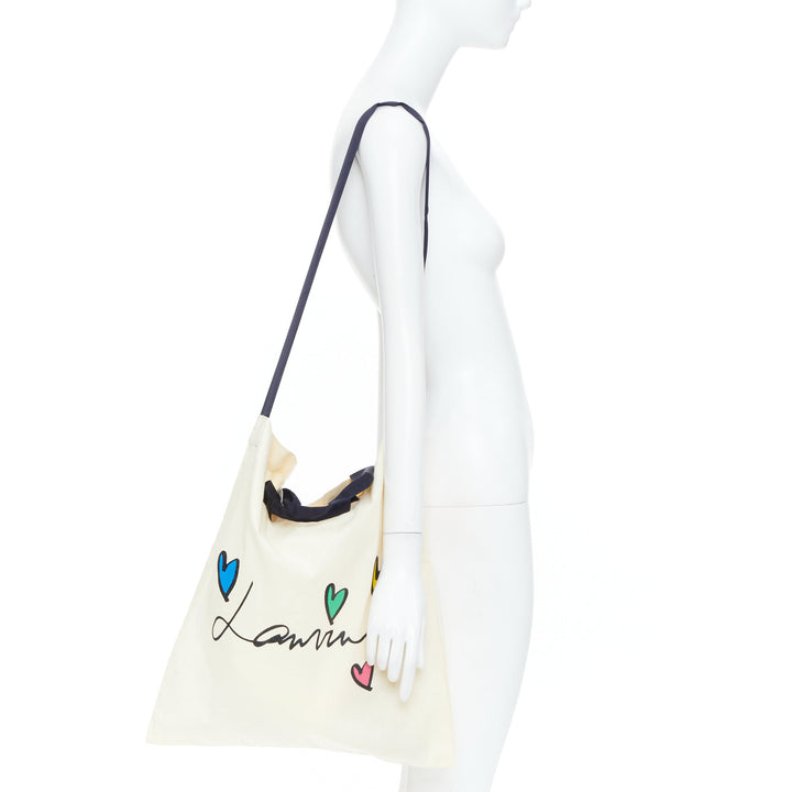 LANVIN Hearts script logo printed cotton canvas grosgrain crossbody tote bag
