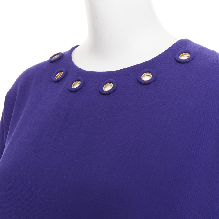ESCADA bluebell cobalt wool crepe dual pocket eyelet shift dress FR40 L