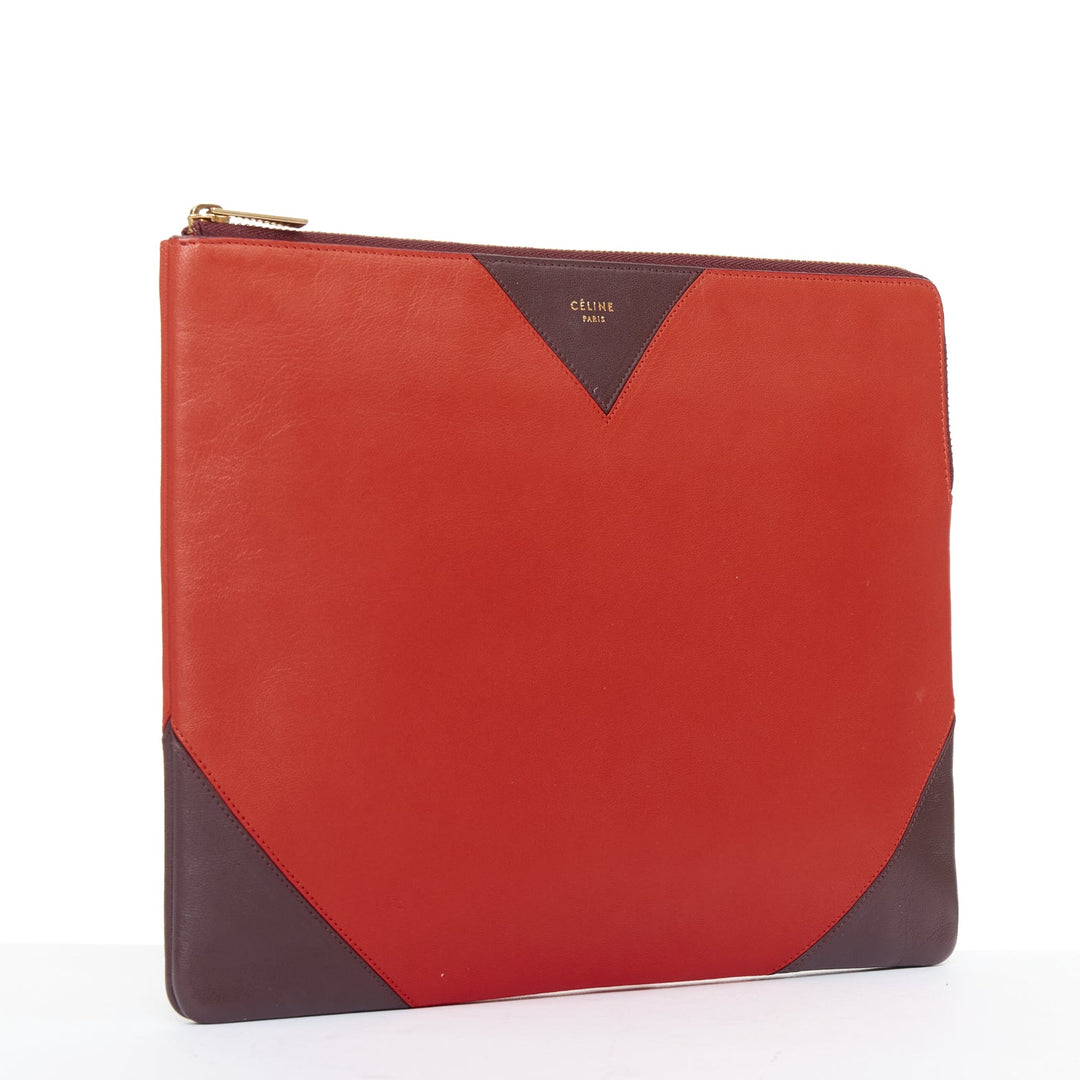 OLD CELINE Phoebe Philo red brown leather bicolour top zip pouch clutch bag