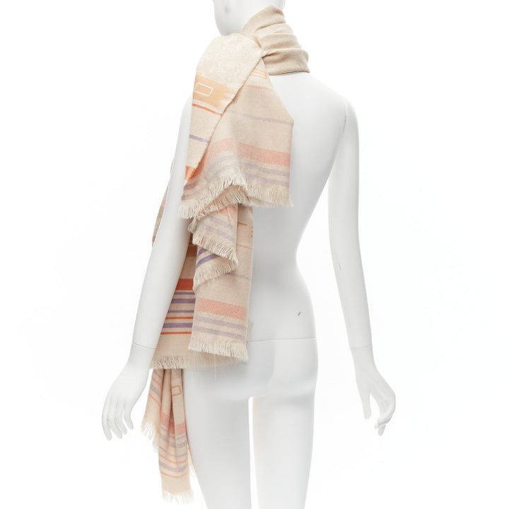 ETRO Home Collection 100% merino wool beige logo stripes fringe scarf