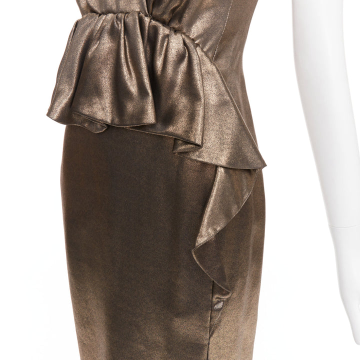 MOSCHINO rustic metallic gold draped peplum V-neck midi cocktail dress IT40 S