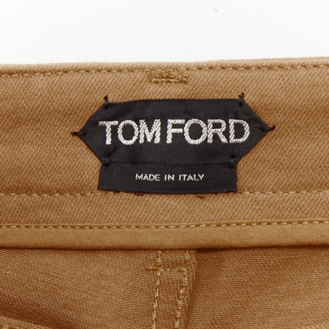 TOM FORD khaki cotton TF logo black blend leather trim mini shorts 25"