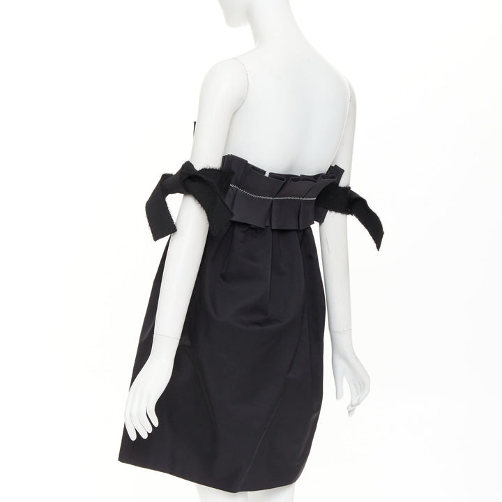GIAMBATTISTA VALLI black wool strapless ruffled tie sleeve flared dress IT40 XS