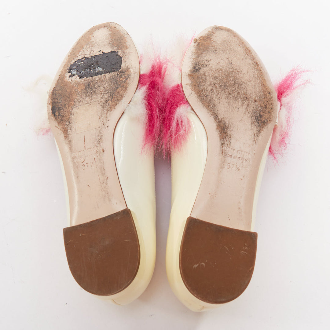 MIU MIU 2017 cream patent white pink faux fur buckle flats EU37.5
