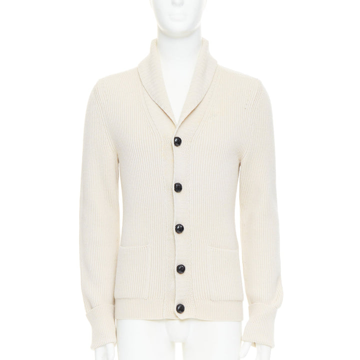 TOM FORD cream 100% wool ribbed shawl collar buttoned cardigan IT46 S