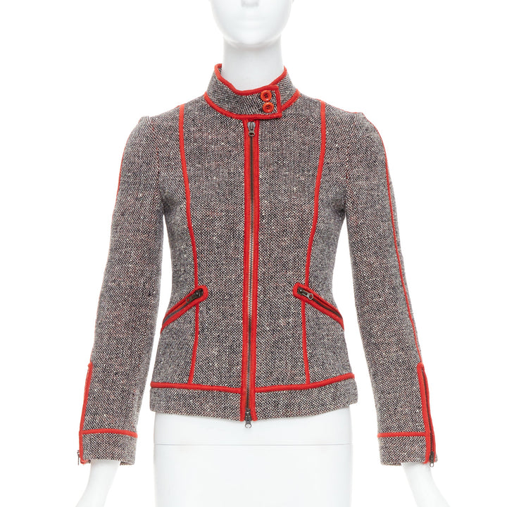 MOSCHINO CHEAP CHIC Vintage grey wool tweed red piping  moto jacket IT38 XS