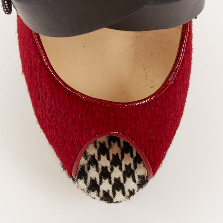 CHRISTIAN LOUBOUTIN Bikiki 140 red houndstooth calf hair platform heels EU38