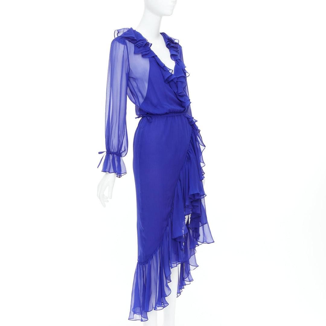 SAINT LAURENT 2020 Runway cobalt blue 100% silk ruffle wrap dress FR42 XL