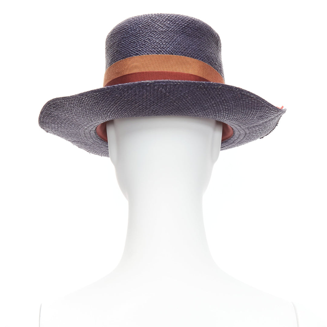 LANVIN 2015 Alber Elbaz red flower brown web ribbon navy straw fedora hat M