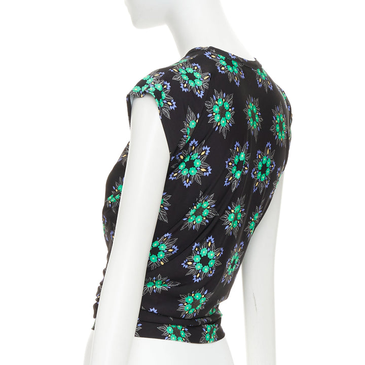 PACO RABANNE Geometric Floral asymmetric ring drape cap sleeve top FR34 XS