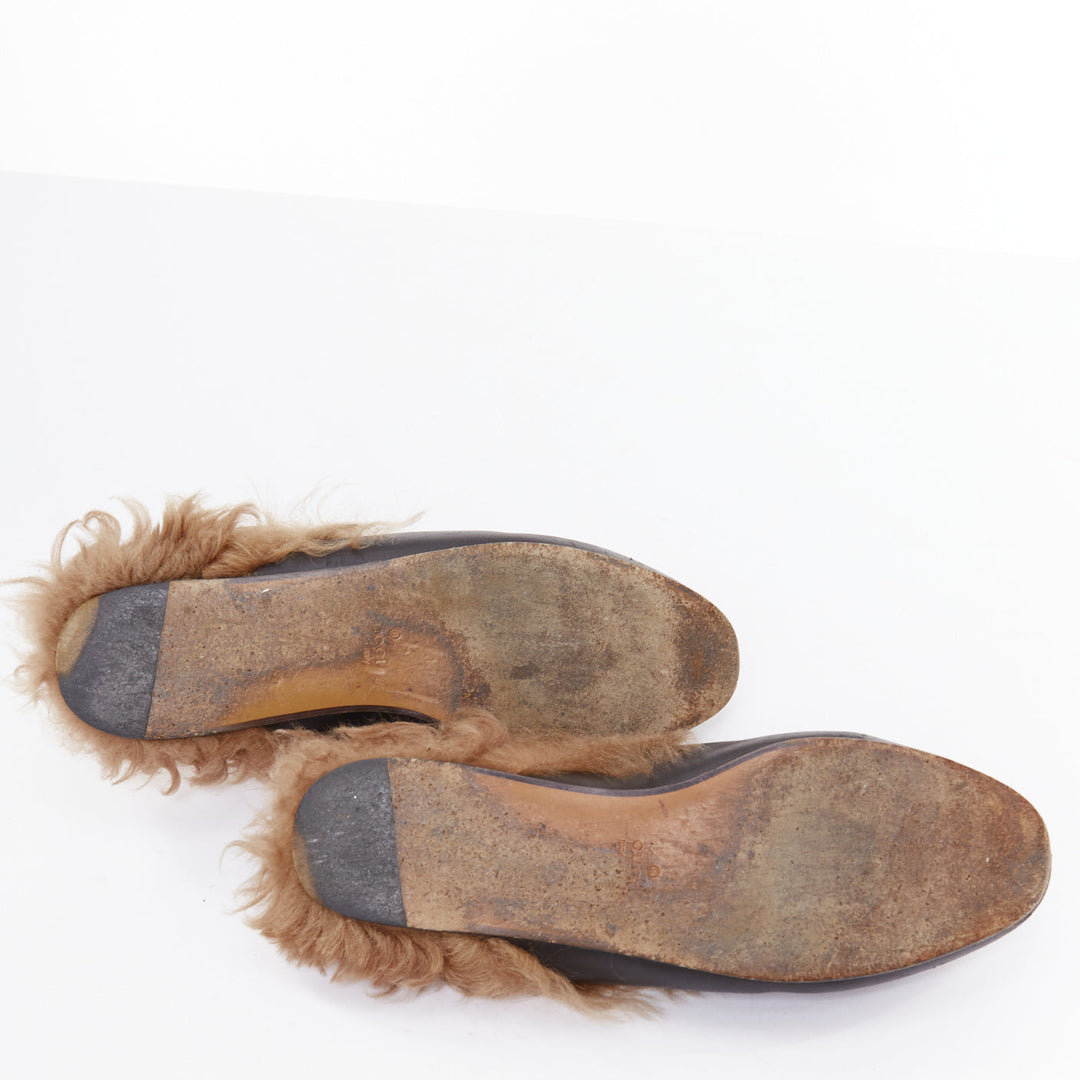 GUCCI Princetown brown fur lined black leather mule loafer EU38