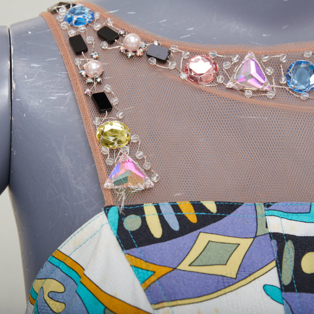 EMILIO PUCCI Vintage crystal rhinestone mesh collar graphic print dress IT40 M