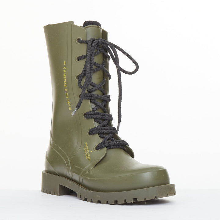CHRISTIAN DIOR 2019 Runway Diorcamp matte khaki green rubber combat boots EU39