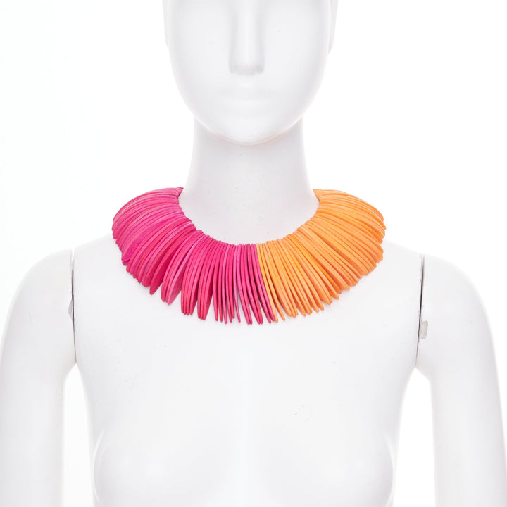 MONIES Gerda Lynggaard orange pink wood disc sculptural statement bib necklace