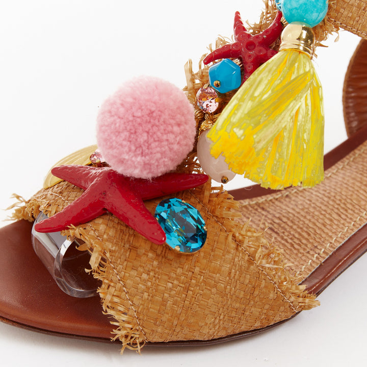 DOLCE GABBANA 2016 Runway beige raffia pom pom crystal starfish sandals EU37