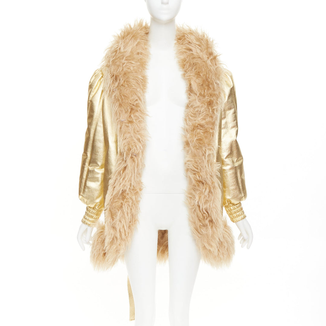 MIU MIU 2019 gold lambskin brown mohair shaggy fur collar robe coat IT36 XXS