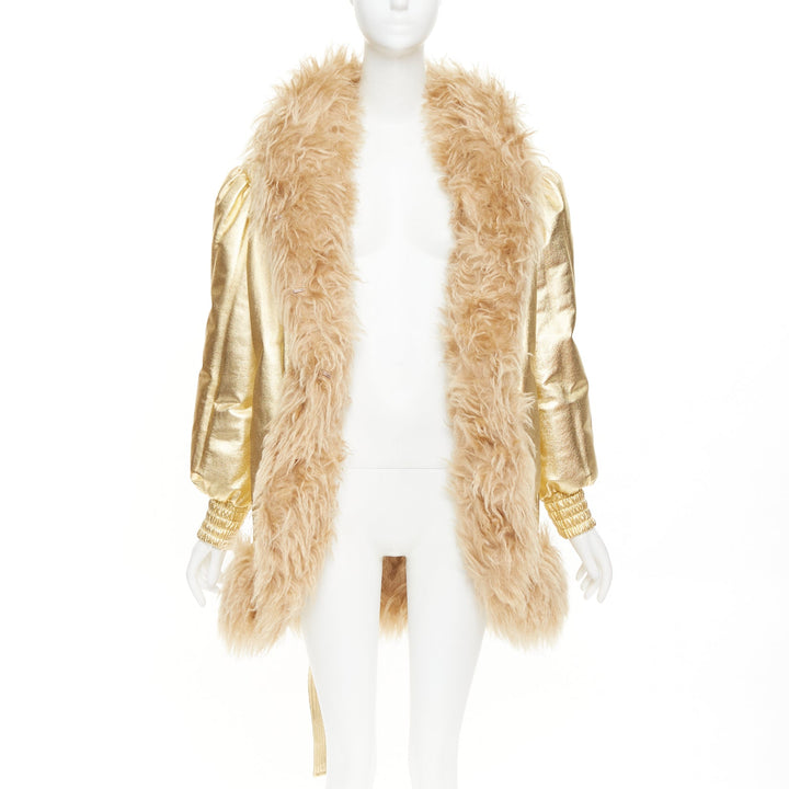 MIU MIU 2019 gold lambskin brown mohair shaggy fur collar robe coat IT36 XXS
