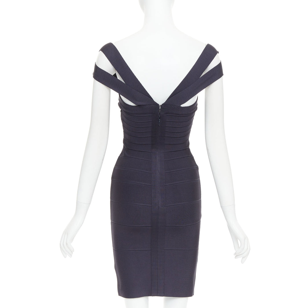 HERVE LEGER dark blue square neck bodycon bandage dress XXS