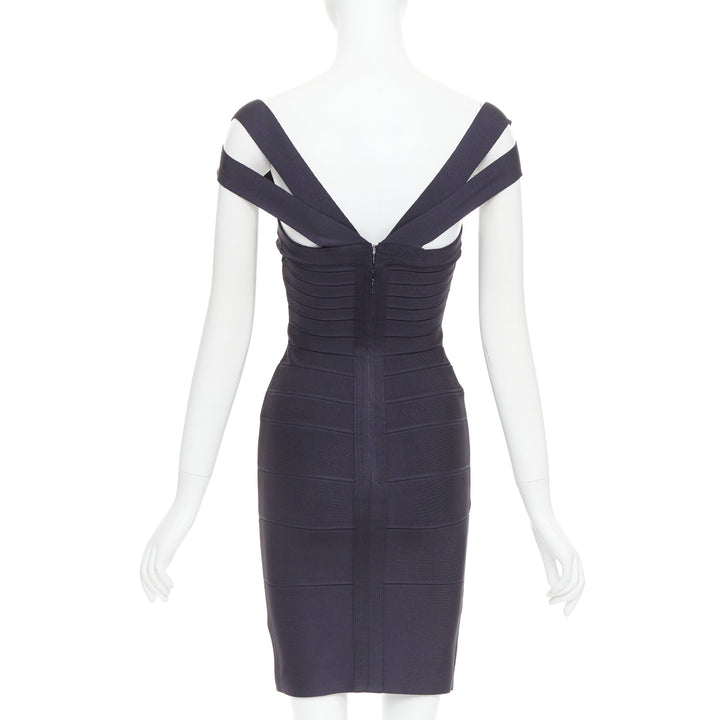 HERVE LEGER dark blue square neck bodycon bandage dress XXS