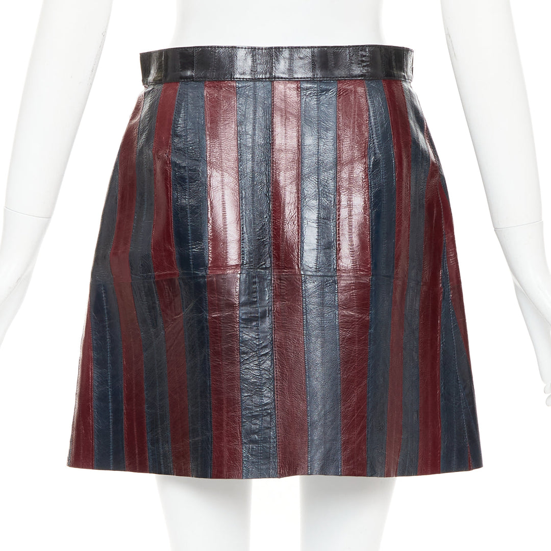 LOUIS VUITTON 2015 Runway burgundy navy eel leather patchwork skirt FR38 M