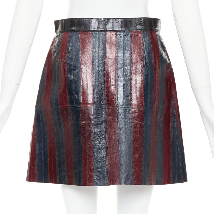 LOUIS VUITTON 2015 Runway burgundy navy eel leather patchwork skirt FR38 M