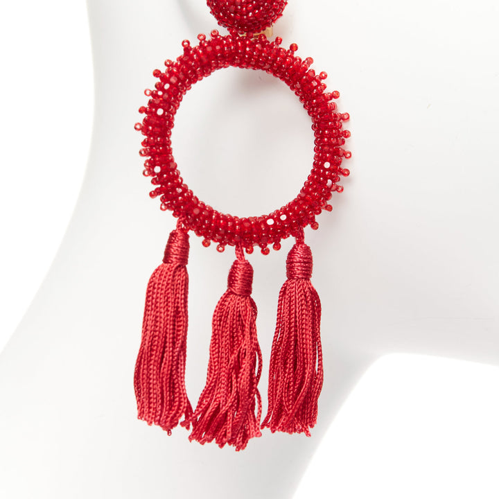 OSCAR DE LA RENTA red beaded tassel fringe circle hoop clip on earrings pair