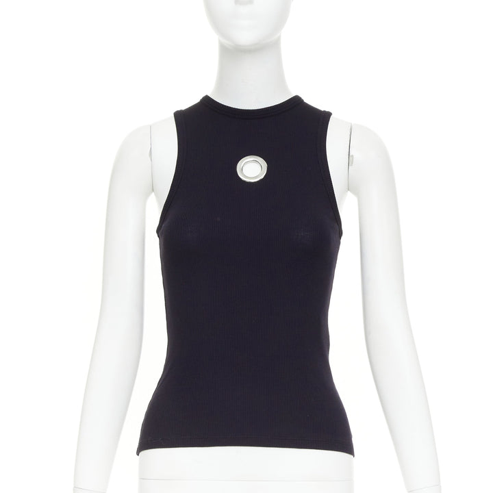 RABANNE silver black single grommet eyelet crew neck organic cotton tank top XS