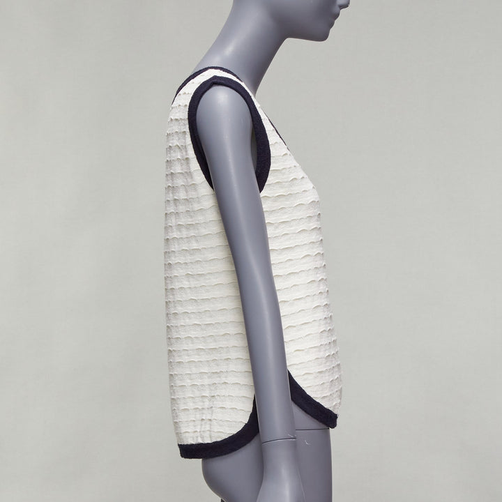 CHANEL cream cotton blend navy towelling trim CC logo knitted vest FR38 M