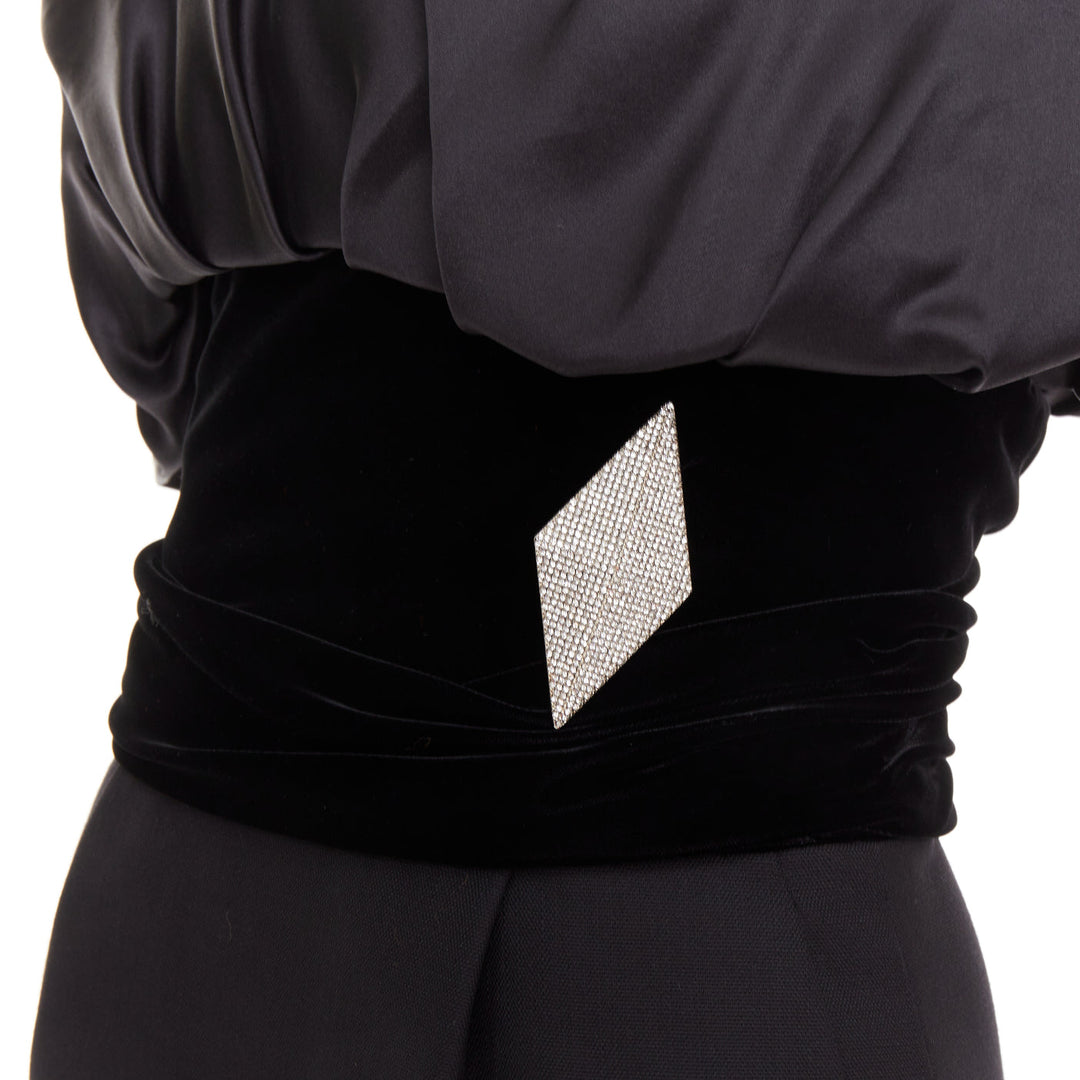 ALEXANDRE VAUTHIER black crystal pave brooch velvet belt satin strapless dress
