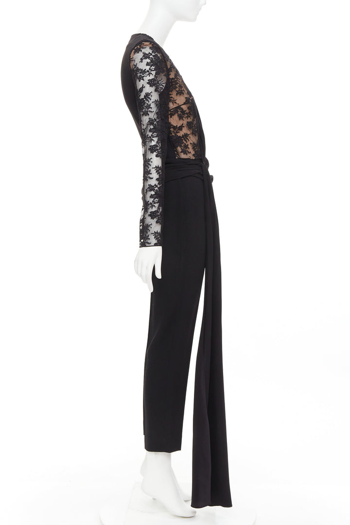 GIVENCHY black silk cotton blend intricate lace trim wrap jumpsuit FR36 S