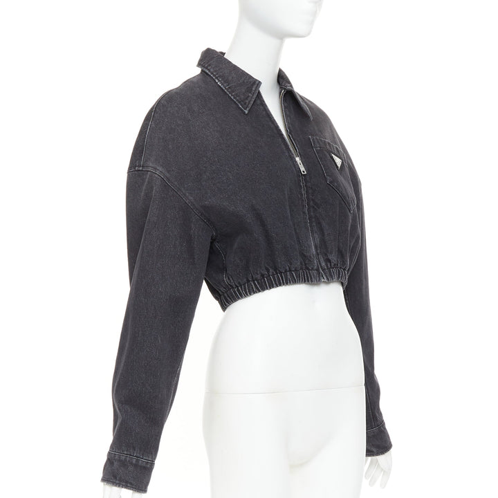 PRADA 2022 grey faded denim triangle logo plague cropped blouson jacket IT40 S