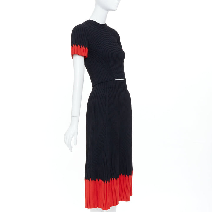 ALEXANDER MCQUEEN 2018 black red chevron bicolor rib knit crop top skirt set XS