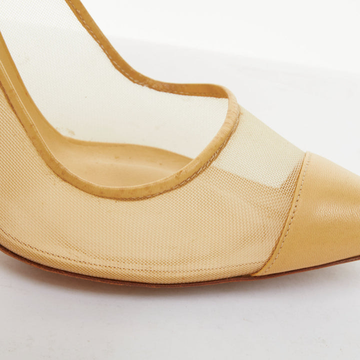 MANOLO BLAHNIK Belta sheer mesh nude beige leather cap toe stiletto pumps EU37.5