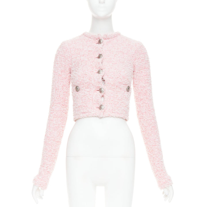 BALENCIAGA Demna 2024 pink cotton blend tweed BB logo cropped jacket XS